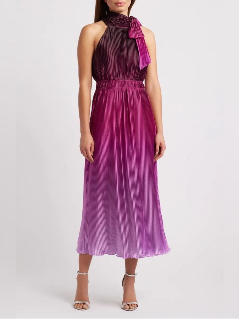 Anne Klein sz 14 Ombré Royal Plum-Pink Pleated Halter Dress Midi Length -READ